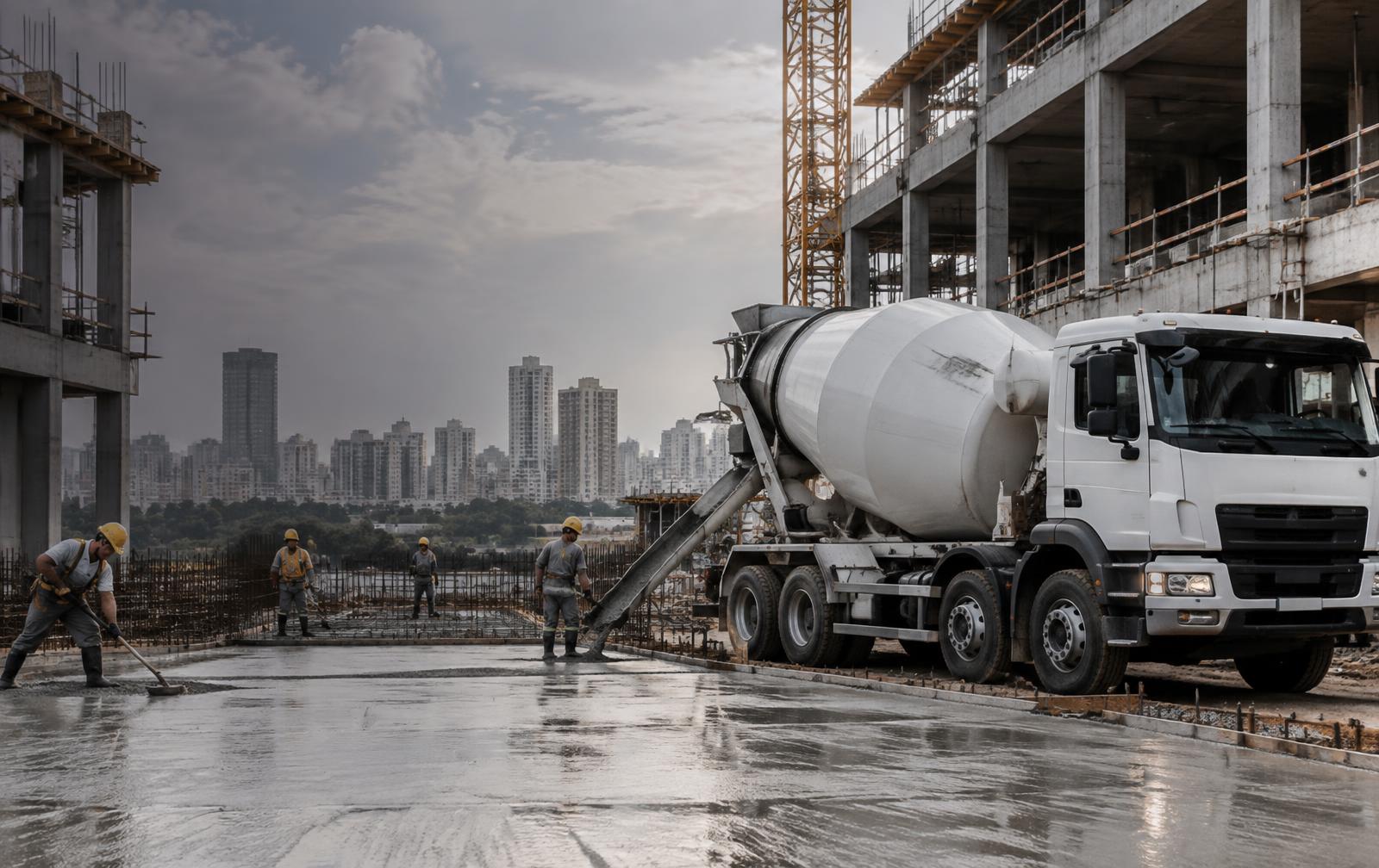 Caminhão-betoneira em obra durante a concretagem de uma laje