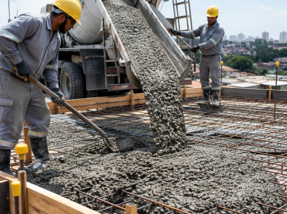 Concreto usinado sendo lançado em laje preparada
